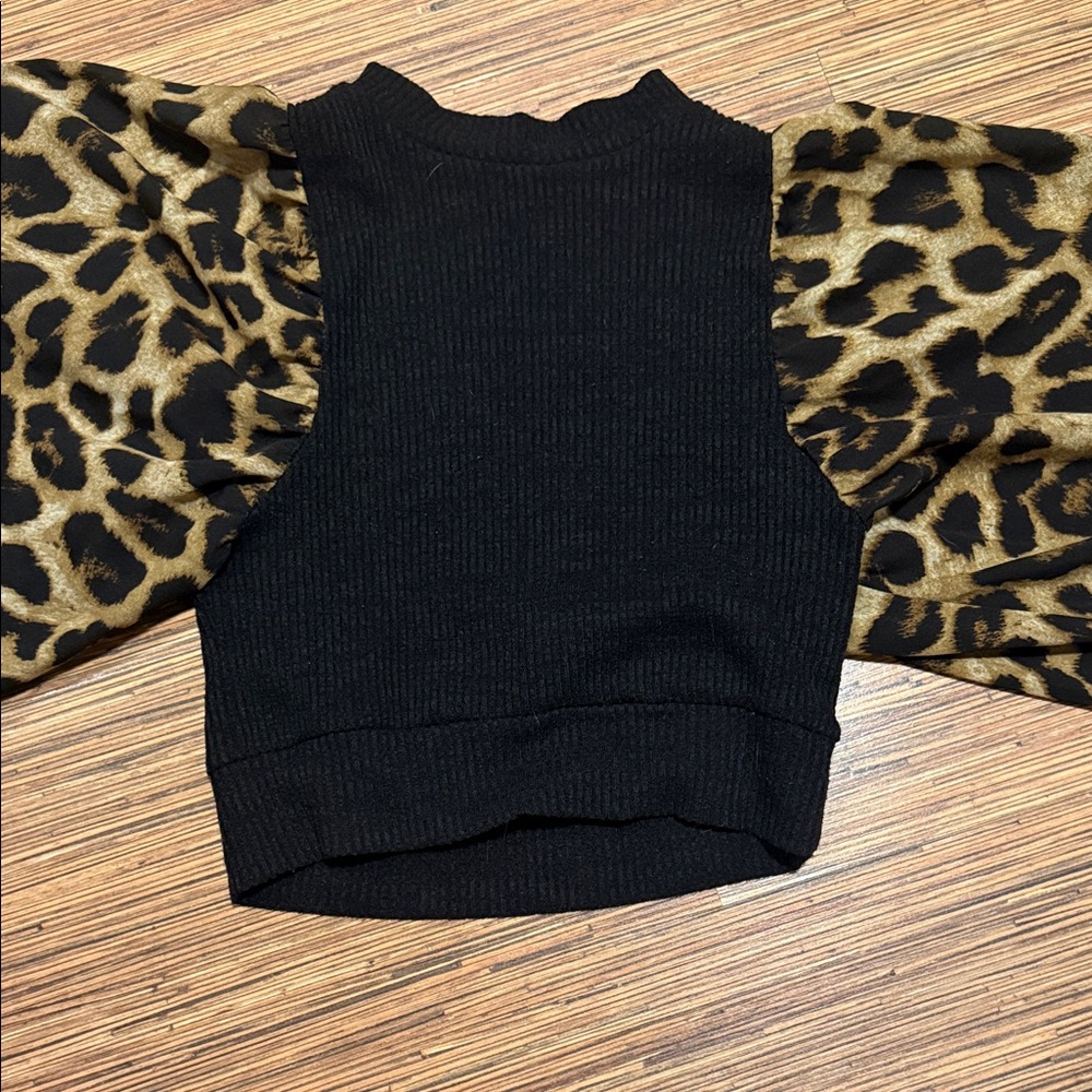 SHEIN Black Top with Leopard Print Sleeves